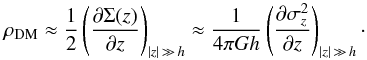 \begin{equation} \label{rhodm} \rho_{\rm DM} \approx \frac{1}{2} \left(\frac{\partial \Sigma(z)}{\partial z}\right)_{|z|\,\gg\, h} \approx \frac{1}{4\pi G h} \left(\frac{\partial \sigma_z^2}{\partial z} \right)_{|z|\,\gg\, h}\cdot \end{equation}