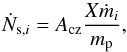 \begin{equation} \dot{N}_{\mrm{s},i} = A_\mrm{cz}\frac{X\dot{m}_i}{m_\mrm{p}}, \end{equation}