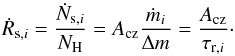 \begin{equation} \dot{R}_{\mrm{s},i} = \frac{\dot{N}_{\mrm{s},i}}{N_{\rm H}} = A_\mrm{cz}\frac{\dot{m}_i}{\Delta m} = \frac{A_\mrm{cz}}{\tau_{\mrm{r},i}} \cdot \label{eq:settling_rate} \end{equation}