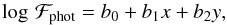 \begin{equation} \log\,\mathcal{F}_\mrm{phot} = b_0 + b_1 x + b_2 y, \label{eq:f_phot} \end{equation}