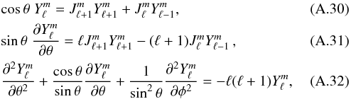 \appendix \setcounter{section}{1} \begin{eqnarray} &&\cos \theta \; Y_\ell^m = J_{\ell+1}^m Y_{\ell+1}^m + J_{\ell}^m Y_{\ell-1}^m , \\ &&\sin \theta \; \derivp{Y_\ell^m}{\theta} = \ell J_{\ell+1}^m Y_{\ell+1}^m - (\ell+1) J_{\ell}^m Y_{\ell-1}^m \, , \\ &&\derivp{^2 Y_\ell^m}{\theta^2} + \frac{\cos \theta}{\sin \theta} \derivp{Y_\ell^m}{\theta} + \frac{1}{\sin^2 \theta} \derivp{^2 Y_\ell^m}{\phi^2} = -\ell(\ell+1) Y_\ell^m , \end{eqnarray}