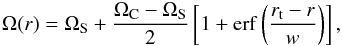 \begin{eqnarray} \Omega(r) = \Omega_{\rm S} + \frac{\Omega_{\rm C} - \Omega_{\rm S}}{2} \left[1 + {\rm erf} \left(\frac{r_{\rm t} - r}{w} \right)\right], \label{eq:synthprof} \end{eqnarray}