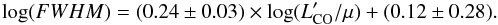 \begin{equation} \label{bestfit} \log (FWHM) = (0.24\pm0.03) \times \log(L'_{\rm CO}/\mu) + (0.12\pm0.28). \end{equation}