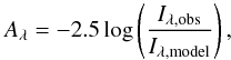 \begin{equation} \label{eq:mgeatt} A_\lambda = -2.5\log\left(\frac{I_{\lambda\mathrm{,obs}}}{I_{\lambda\mathrm{,model}}}\right), \end{equation}