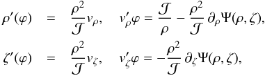 \begin{eqnarray} \label{eq.motion} \d{\rho}{\varphi}&=&\frac{\rho ^2}{{\mathcal{J}}} v_\rho, \quad {v'_\rho}{\varphi}=\frac{{\mathcal{J}}}{\rho }-\frac{\rho ^2}{{\mathcal{J}}}\,\pd{{\Psi}(\rho ,\zeta )}{\rho },\notag\\ \d{\zeta}{\varphi}&=&\frac{\rho ^2}{{\mathcal{J}}} v_\zeta, \quad{v'_\zeta}{\varphi}=-\frac{\rho ^2}{{\mathcal{J}}}\,\pd{{\Psi}(\rho ,\zeta )}{\zeta}, \end{eqnarray}
