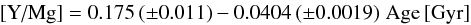 \begin{eqnarray} \ymg = 0.175 \, (\pm 0.011) - 0.0404 \, (\pm 0.0019) \,\,{\rm Age \, [Gyr]} \end{eqnarray}