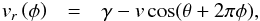 \begin{eqnarray} \label{eq:v_radial_polar} v_{r}\left(\phi\right) & = & \gamma - v\cos(\theta + 2\pi\phi), \end{eqnarray}