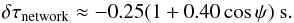 \begin{equation} \delta \tau_{\rm network} \approx -0.25 (1 + 0.40 \cos \psi) ~{\rm s} . \label{eq_network_tt} \end{equation}