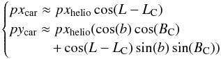 \appendix \setcounter{section}{1} \begin{equation} \begin{cases} px_{\rm car} \approx px_{\rm helio}\cos(L-L_{\rm C})\\ py_{\rm car} \approx px_{\rm helio} ( \cos(b) \cos(B_{\rm C}) \\ \ \ \ \ \ \ \ \ \ \ \ \ + \cos(L-L_{\rm C}) \sin(b) \sin(B_{\rm C}) ) \end{cases} \end{equation}