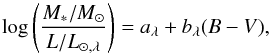 \begin{equation} \log\left(\frac{M_*/M_\odot}{L/L_{\odot,\lambda}}\right) = a_\lambda + b_\lambda (B-V),\vspace*{-2.5mm} \label{eq:mlratio} \end{equation}