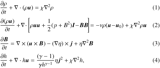 \begin{eqnarray} \label{eq:density} &&\frac{\partial\rho}{\partial t}+\nabla\cdot(\rho\boldsymbol u) = \chi \nabla^2 \rho~\\[1mm] \label{eq:momentum} &&\frac{\partial(\rho \boldsymbol u)}{\partial t}+ \!\nabla\!\cdot\left[\rho\boldsymbol u\boldsymbol u+\frac{1}{2}(p+B^2)\boldsymbol I \!-\!\boldsymbol B\boldsymbol B\!\right]\! = -\nu\rho(\boldsymbol{u}\!-\!\boldsymbol{u}_0) +\chi\nabla^2 \rho\boldsymbol{u} \\[1mm] &&\frac{\partial \boldsymbol B}{\partial t} = \nabla\times(\boldsymbol u\times \boldsymbol B)- (\nabla \eta)\times\boldsymbol j+\eta\nabla^2 \boldsymbol B \label{eq:induction}\\[1mm] &&\frac{\partial h}{\partial t}+\nabla\cdot h\boldsymbol{u} = \frac{(\gamma-1)}{\gamma h^{\gamma-1}}\eta\boldsymbol{j}^2 +\chi \nabla^2 h \label{eq:pressure} , \end{eqnarray}