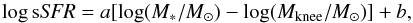 \begin{equation} \log {\rm s}{\it SFR} = a [\log (M_*/M_\odot)-\log(M_{\rm knee}/M_\odot)]+b, \end{equation}