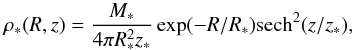 \begin{equation} \rho_* (R,z) = \frac{M_*}{4 \pi R_*^2 z_*} \exp(-R/R_*) {\rm sech}^2(z/z_*), \end{equation}