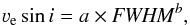 \begin{equation} \vrot = a \times {\it FWHM}^{b}, \label{eq:1} \end{equation}