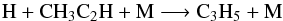 \begin{equation} {\rm H} + {\rm CH_3C_2H} + {\rm M} \longrightarrow {\rm C_3H_5} + {\rm M} \end{equation}
