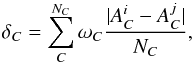 \begin{equation} \delta_{C} = \sum_{C}^{N_{C}} \omega_{C} \frac{|A_{C}^{i}-A_{C}^{j}|}{N_{C}}, \label{ct} \end{equation}