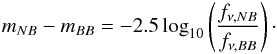 \begin{eqnarray} \label{fluxtomag} m_{NB} - m_{BB} = -2.5 \log_{10}\left(\frac{f_{\nu,NB}}{f_{\nu,BB}}\right) \cdot \end{eqnarray}