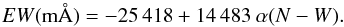 \begin{equation} \label{eq2} EW ({\rm m}\AA) = -25\,418 + 14\,483 \ \alpha (N-W) . \end{equation}