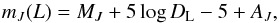 \begin{equation} m_\magJ(L) = M_\magJ + 5\log\DL -5 + A_\magJ \v \end{equation}