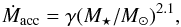 \begin{equation} \dot{M}_{\rm acc}=\gamma(M_{\star}/M_{\odot})^{2.1}, \end{equation}