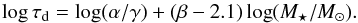\begin{equation} \log\tau_{\rm d}=\log({\alpha/\gamma})+(\beta-2.1)\log(M_{\star}/M_{\odot}). \end{equation}