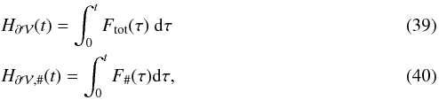 \begin{eqnarray} &&H_\surf (t) = \int_0^t \Ftot(\tau) ~\rmd \tau \label{eq:defHsurftot} \\ &&H_{\surf,\#}(t) = \int_0^t F_{\#}(\tau) \rmd \tau \label{eq:defHsurf} , \end{eqnarray}