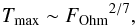 \begin{equation} {T_{\rm max} \sim {F_{\rm Ohm}}^{2/7} \label{E:T_F_scaling} ,} \end{equation}