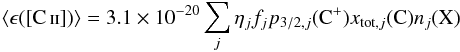 \begin{equation} \langle\epsilon(\mbox{\ciis})\rangle = 3.1\times10^{-20} \sum _{j} \eta_j f_j p_{3/2,j}({\rm C^+}) x_{{\rm tot},j}({\rm C}) n_j({\rm X}) \label{eqn:emissivity} \end{equation}