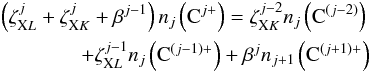 \begin{eqnarray} \left(\zeta_{{\rm X}L}^{j} + \zeta_{{\rm X}K}^{j}+\beta^{j-1}\right) n_{j}\left({\rm C}^{j+}\right) = \zeta_{{\rm X}K}^{j-2} n_j\left({\rm C}^{(j-2)}\right) \nonumber \\ +\zeta_{{\rm X}L}^{j-1} n_j\left({\rm C}^{(j-1)+}\right) + \beta^{j} n_{j+1}\left({\rm C}^{(j+1)+}\right) \label{eqn:balance_equations} \end{eqnarray}