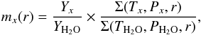 \begin{eqnarray} m_x(r)= \frac{Y_x}{Y_{\rm H_2O}} \times \frac{\Sigma(T_x,P_x,r)}{\Sigma(T_{\rm H_2O},P_{\rm H_2O},r)}, \label{clath} \end{eqnarray}