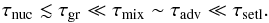 \begin{eqnarray*} \tau_{\rm nuc} \lesssim \tau_{\rm gr} \ll \tau_{\rm mix} \sim \tau_{\rm adv} \ll \tau_{\rm setl} . \end{eqnarray*}
