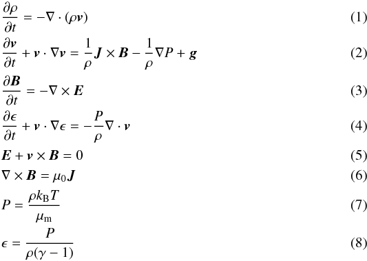 \begin{eqnarray} &&\frac{\partial \rho}{\partial t} = - \nabla \cdot (\rho \vec{v}) \\ &&\frac{\partial \vec{v}}{\partial t} + \vec{v} \cdot \nabla \vec{v} = \frac{1}{\rho} \vec{J} \times \vec{B} - \frac{1}{\rho} \nabla P + \vec{g}\\ &&\frac{\partial \vec{B}}{\partial t} = - \nabla \times \vec{E} \\ &&\frac{\partial \epsilon}{\partial t} + \vec{v} \cdot \nabla \epsilon = - \frac{P}{\rho} \nabla \cdot \vec{v}\\ &&\vec{E} +\vec{v} \times \vec{B} = 0 \\ &&\nabla \times \vec{B} = \mu _{0} \vec{J} \\ &&P = \frac{\rho k_{\rm B} T}{\mu _{\rm m}} \\ &&\epsilon = \frac{P}{\rho (\gamma -1)} \label{eqn_internalenergy} \end{eqnarray}