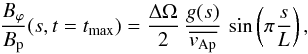 \begin{equation} \label{solution_stressfree_const} \frac{B_\varphi}{B_{\rm p}}(s,t=t_{\rm max})=\frac{\Delta\Omega}{2} \, \frac{g(s)}{\overline{v_{\rm Ap}}} \, \sin\left(\pi\frac{s}{L}\right) , \end{equation}