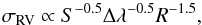 \begin{equation} \sigma_{\rm{RV}} \propto S^{-0.5} \Delta \lambda^{-0.5} R^{-1.5}, \label{error_rv} \end{equation}