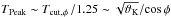 \hbox{$T_{\rm Peak}\sim T_{\rm cut,\phi}\,/1.25\sim \sqrt{\vartheta_{\rm K}}/\!\cos\phi$}