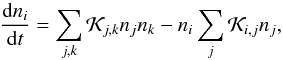 \begin{equation} \label{eq:chemical_reaction} \frac{{\rm d}n_{i}}{{\rm d}t} = \sum_{j,k} \mathcal{K}_{j,k} n_{j} n_{k} - n_{i}\sum_{j}\mathcal{K}_{i,j} n_{j}, \end{equation}