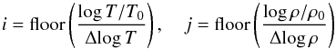 \begin{equation} \label{eq:tab_indices} i = \mathrm{floor}\left(\frac{\log T/T_0}{\Delta\! \log T}\right) ,\quad j = \mathrm{floor}\left(\frac{\log\rho/\rho_0}{\Delta\!\log \rho}\right) \end{equation}