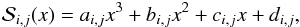 \begin{eqnarray} \label{eq:cubic_spline} {\cal S}_{i,j}(x) = a_{i,j}x^3 + b_{i,j}x^2 + c_{i,j}x + d_{i,j}, \end{eqnarray}