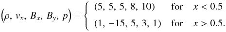 \begin{equation} \left(\rho,\, v_x,\, B_x,\, B_y,\, p\right) = \left\{\begin{array}{ll} \DS \left(5,\, 5,\, 5,\, 8,\, 10\right) & \mathrm{for}\quad x < 0.5 \\ \noalign{\medskip} \DS \left(1,\, -15,\, 5,\, 3,\, 1\right) & \mathrm{for}\quad x > 0.5. \end{array}\right. \end{equation}