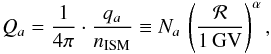 \begin{eqnarray} Q_a = \frac{1}{4 \pi} \cdot \frac{q_a}{n_{\text{ISM}}} \equiv N_a \, \left( \frac{\cal R}{1 \, \text{GV}} \right)^{\alpha} , \end{eqnarray}