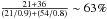 \hbox{$\frac{21+36}{(21/0.9)+(54/0.8)}\sim 63\%$}