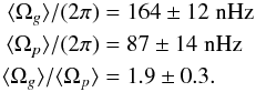 \begin{eqnarray} \langle\Omega_{g}\rangle/(2\pi) & = &164\pm12\;\hbox{nHz} \nonumber \\ \langle\Omega_{p}\rangle/(2\pi) & = &87\pm14\;\hbox{nHz} \nonumber \\ \langle\Omega_{g}\rangle/\langle\Omega_{p}\rangle & = &1.9\pm0.3. \nonumber \end{eqnarray}