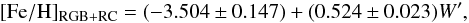 \begin{equation} \label{Fe_bulge} \mathrm{[Fe/H]_{RGB+RC}}=(-3.504 \pm 0.147) + (0.524 \pm 0.023)W^{\prime}, \end{equation}