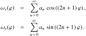 \begin{eqnarray} \label{eq:omega-xy} \omega_x(\varphi) &=& \sum_{n\,=\,0}^{\infty} a_n \, \cos\left((2n + 1) \, \varphi\right) , \nonumber\\ \omega_y(\varphi) &=& \sum_{n\,=\,0}^{\infty} a_n \, \sin\left((2n + 1) \, \varphi\right) . \end{eqnarray}