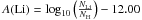 \hbox{$A({\rm Li})=\log_{10}\left(\frac{N_{{\rm Li}}}{N_{\rm{H}}}\right)-12.00$}
