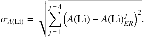 \begin{equation} \sigma_{A({\rm Li})}=\sqrt{\sum_{ {j\,=\,1}}^{ {j\,=\,4}}\left(A({\rm Li})-A({\rm Li})^{j}_{ER}\right)^2}. \end{equation}