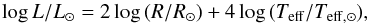 \begin{equation} \label{eq} {\rm log}\,L/L_\odot = 2\,{\rm log}\,(R/R_\odot) + 4\,{\rm log}\,(T_{\rm eff}/T_{\rm eff,\odot}), \end{equation}
