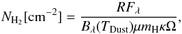 \begin{equation} \label{eq:NH2} N_{\mathrm{H_{2}}} [\mathrm{cm^{-2}}] = \frac{RF_{\lambda}}{B_{\lambda}(T_{\rm Dust})\mu m_{\mathrm{H}}\kappa\Omega}, \end{equation}