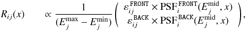 \appendix \setcounter{section}{1} \begin{eqnarray} \label{eq:response} R_{ij}(x) &&\propto \frac{1}{(E_j^\mathrm{max}-E_j^\mathrm{min})} \left( \begin{array}{c} \varepsilon_{ij}^{\,\texttt{FRONT}} \times \mathrm{PSF}_i^{\,\texttt{FRONT}}(E_j^\mathrm{mid},x) \\ \varepsilon_{ij}^{\,\texttt{BACK}} \times \mathrm{PSF}_i^{\,\texttt{BACK}}(E_j^\mathrm{mid},x) \end{array} \right), \end{eqnarray}