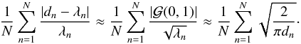 \begin{eqnarray*} \frac{1}{N} \sum_{n=1}^N \frac{|d_n-\lambda_n|}{\lambda_n} \approx \frac{1}{N} \sum_{n=1}^N \frac{|\mathcal{G}(0,1)|}{\sqrt{\lambda_n}} \approx \frac{1}{N} \sum_{n=1}^N \sqrt{\frac{2}{\pi d_n}}\cdot \end{eqnarray*}